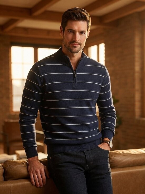 Line 48 Other - Line 48 Men L 1/4 Zip Mock Neck Sweater Navy Blue White Striped Preppy Pullover